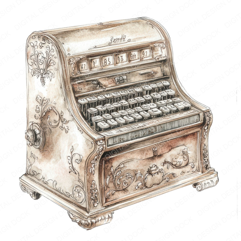 Ornate Vintage Cash Register fussy cut sheet in US Letter format showing all 12 designs on one printable page