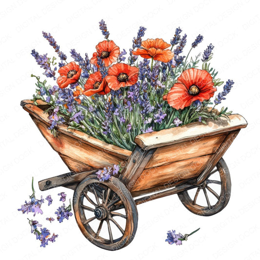 Overflowing Floral Wheelbarrow fussy cut sheet in A4 format showing all 12 designs on one printable page