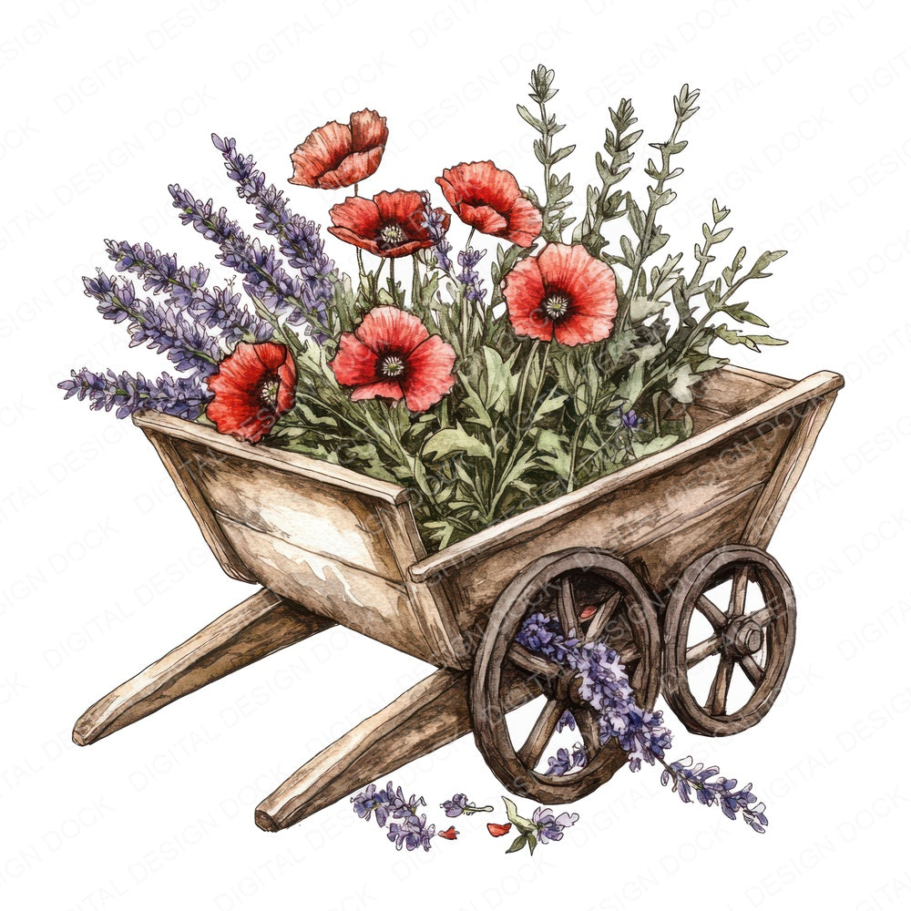Overflowing Floral Wheelbarrow fussy cut sheet in US Letter format showing all 12 designs on one printable page