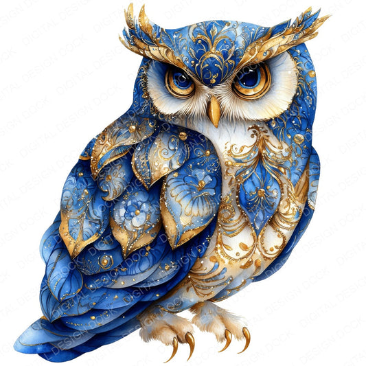 Owl Baroque Blue and Gold fussy cut sheet in A4 format showing all 12 designs on one printable page
