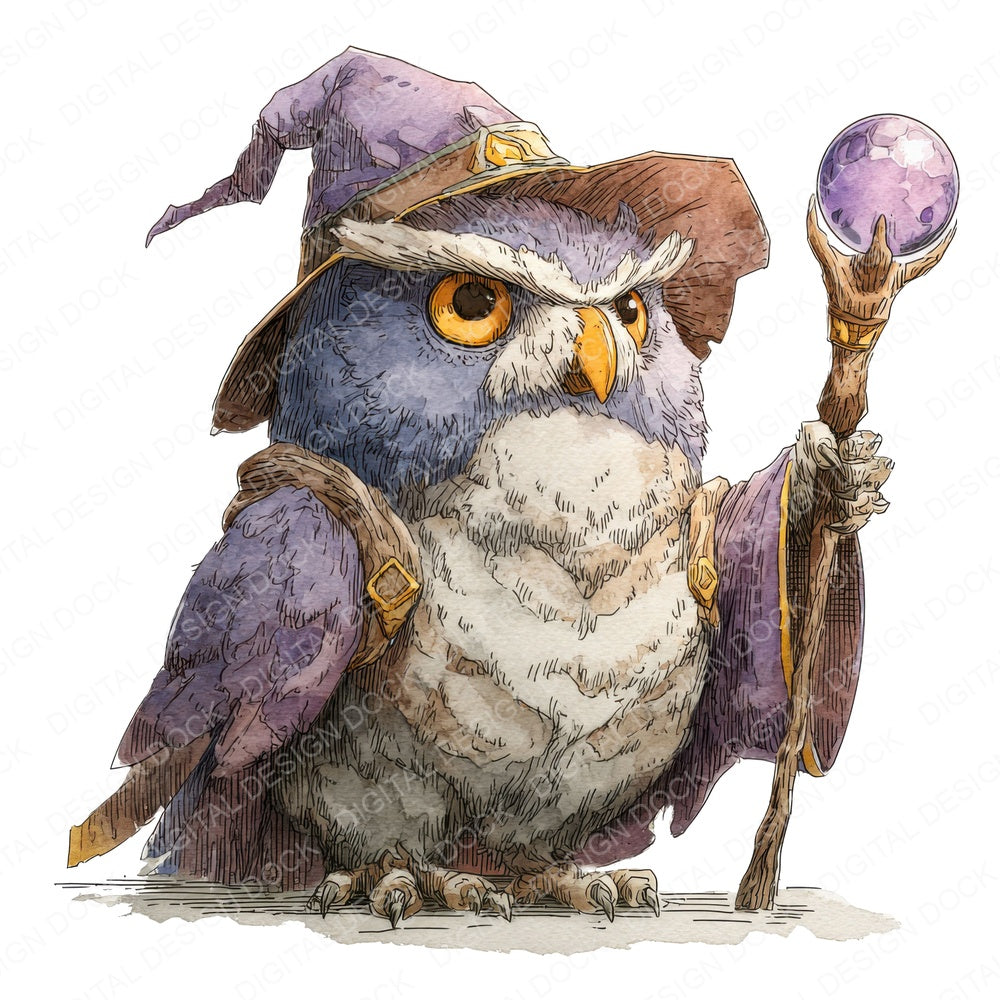 Owl Wizard Staff fussy cut sheet in US Letter format showing all 12 designs on one printable page