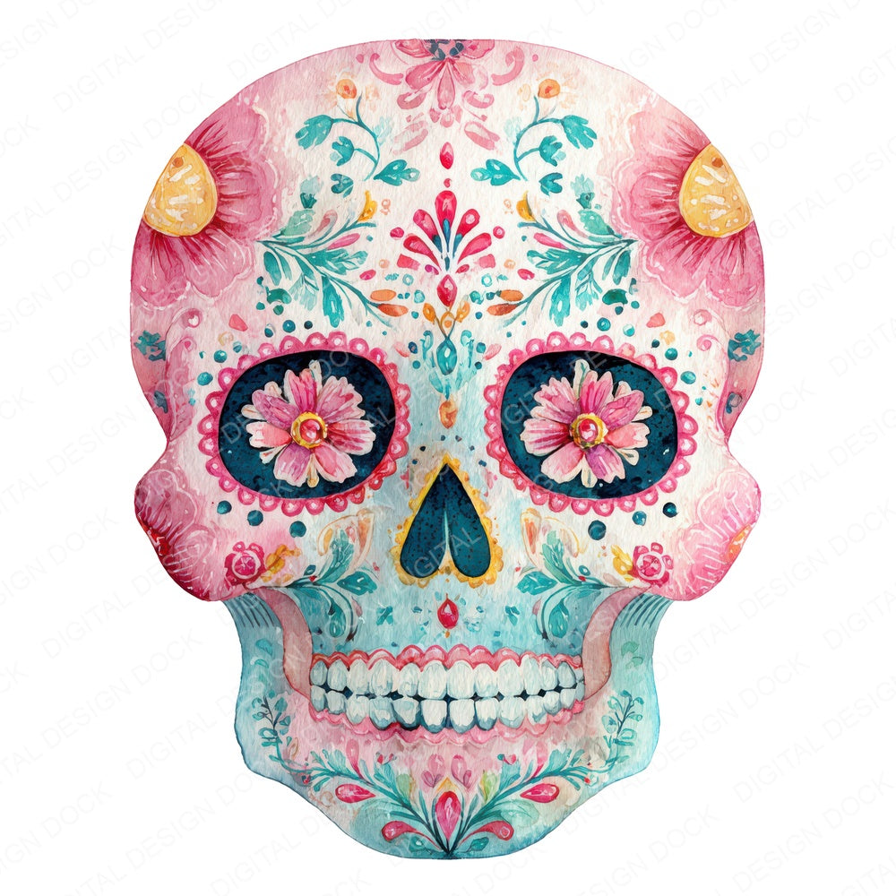 Painted Sugar Skull fussy cut sheet in A4 format showing all 12 designs on one printable page