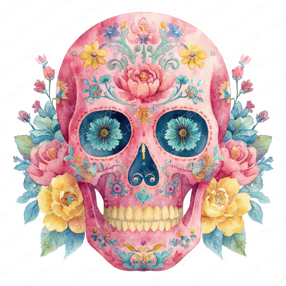 Painted Sugar Skull fussy cut sheet in US Letter format showing all 12 designs on one printable page