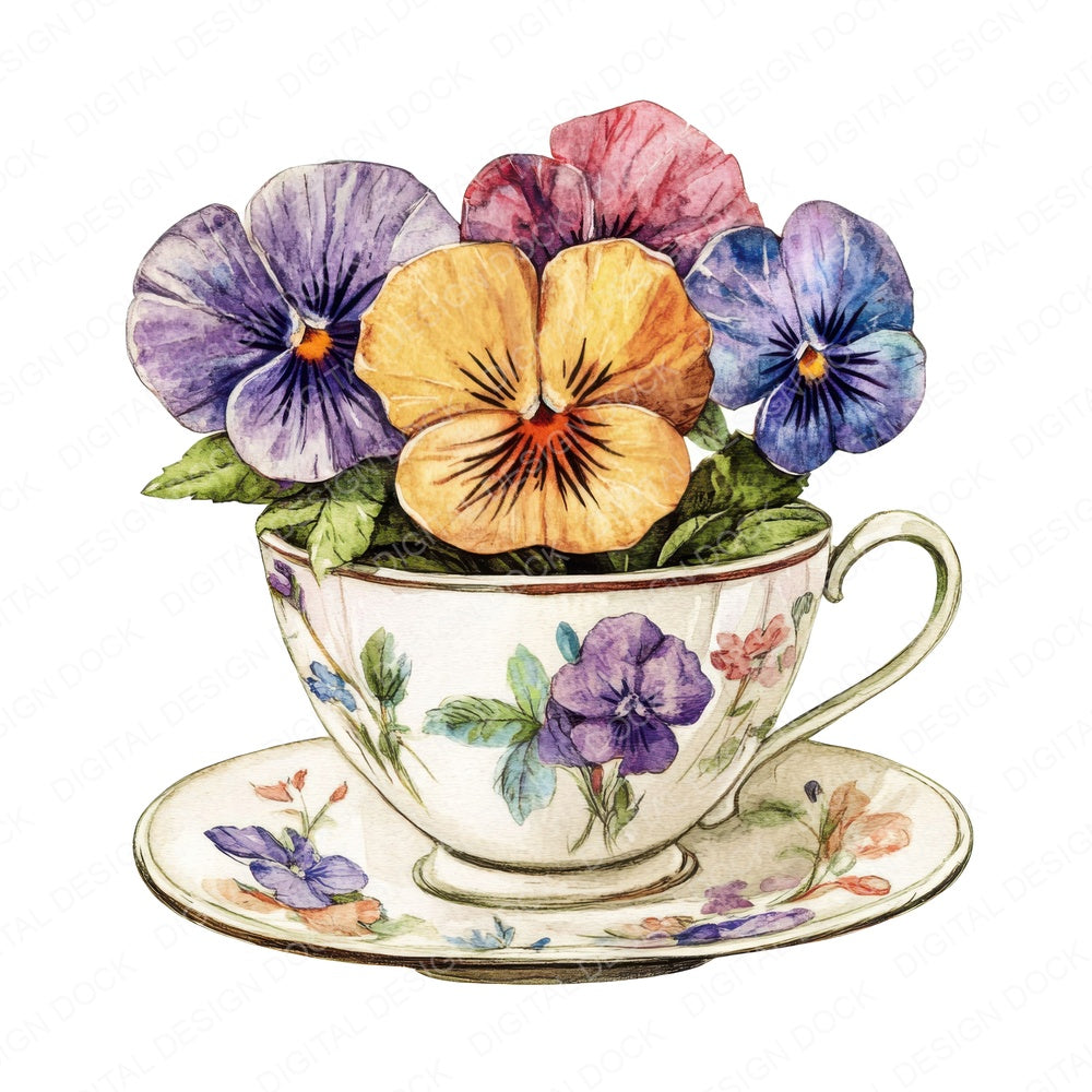 Pansies in a Teacup fussy cut sheet in A4 format showing all 12 designs on one printable page