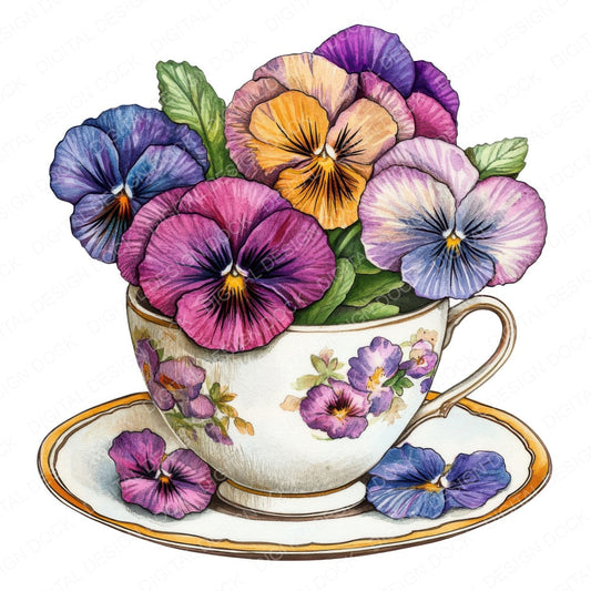 Pansies in a Teacup fussy cut sheet in US Letter format showing all 12 designs on one printable page