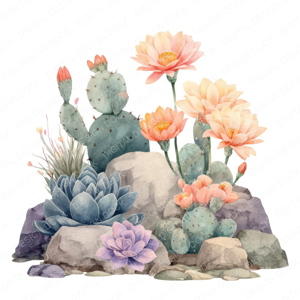 Pastel Cactus Flower Rockery fussy cut sheet in A4 format showing all 12 designs on one printable page