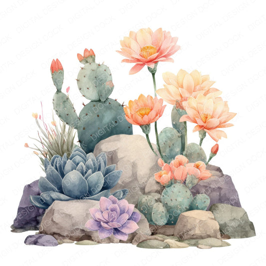 Pastel Cactus Flower Rockery fussy cut sheet in A4 format showing all 12 designs on one printable page