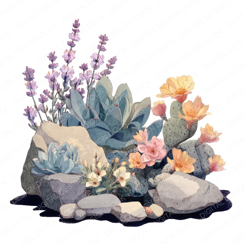 Pastel Cactus Flower Rockery fussy cut sheet in US Letter format showing all 12 designs on one printable page