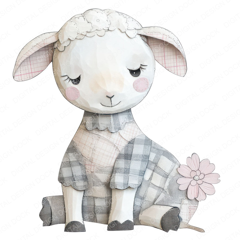 Pastel Gingham Lamb fussy cut sheet in A4 format showing all 12 designs on one printable page