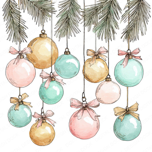 Pastel Pine Baubles fussy cut sheet in A4 format showing all 12 designs on one printable page