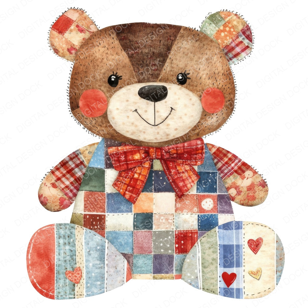 Patchwork Teddybear fussy cut sheet in A4 format showing all 12 designs on one printable page