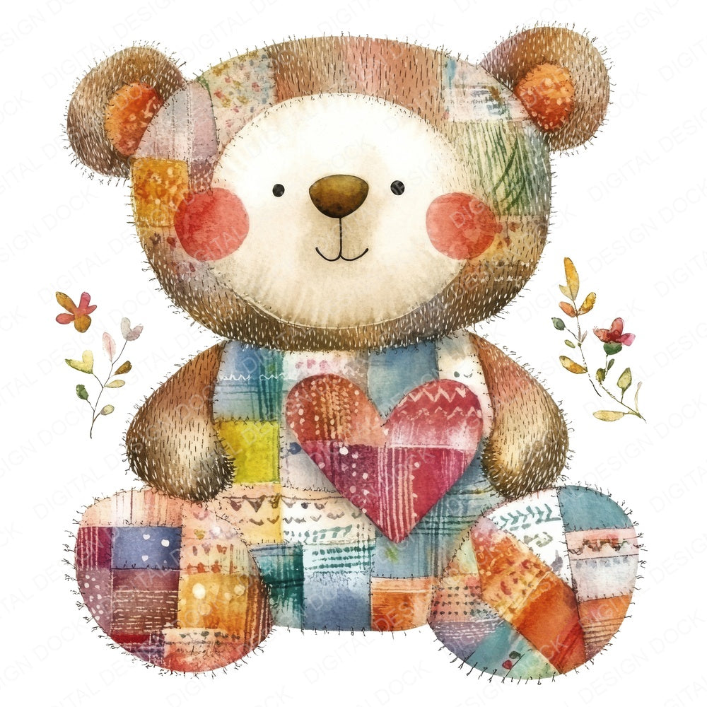 Patchwork Teddybear fussy cut sheet in US Letter format showing all 12 designs on one printable page