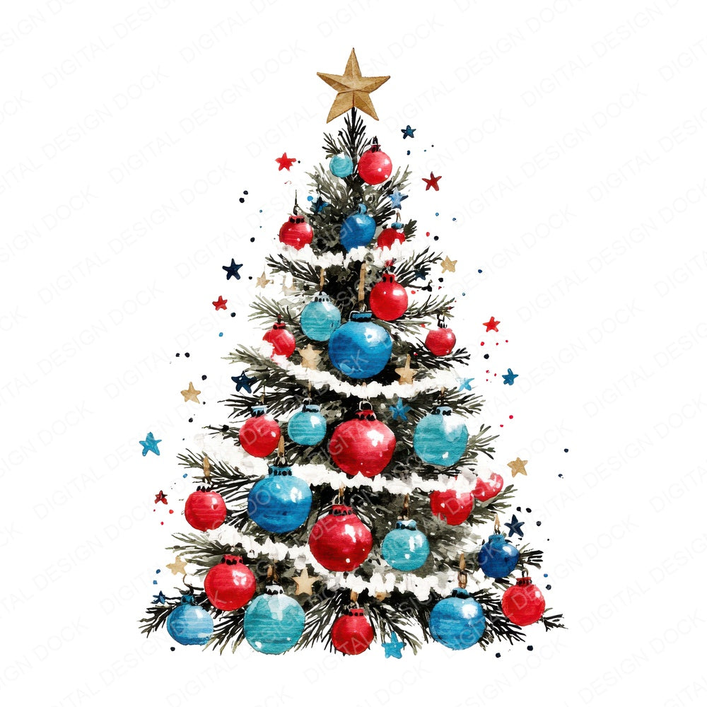 Patriotic Christmas Tree fussy cut sheet in A4 format showing all 12 designs on one printable page