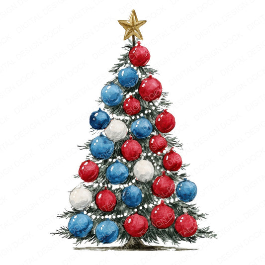 Patriotic Christmas Tree fussy cut sheet in US Letter format showing all 12 designs on one printable page