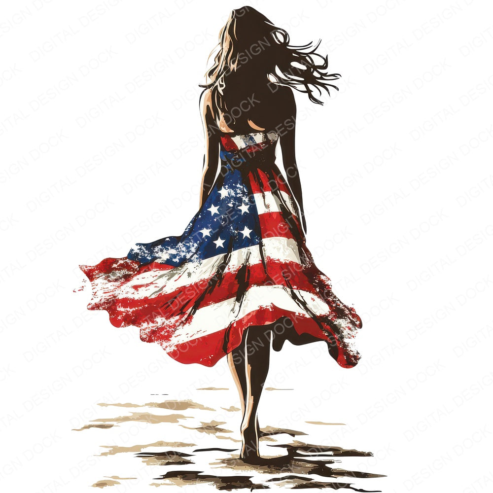 Patriotic USA Dress Woman on Beach fussy cut sheet in A4 format showing all 12 designs on one printable page