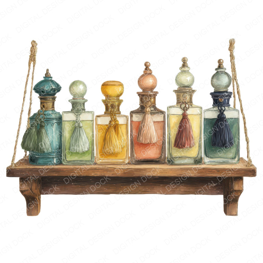 Perfume Bottle Shelf fussy cut sheet in A4 format showing all 12 designs on one printable page