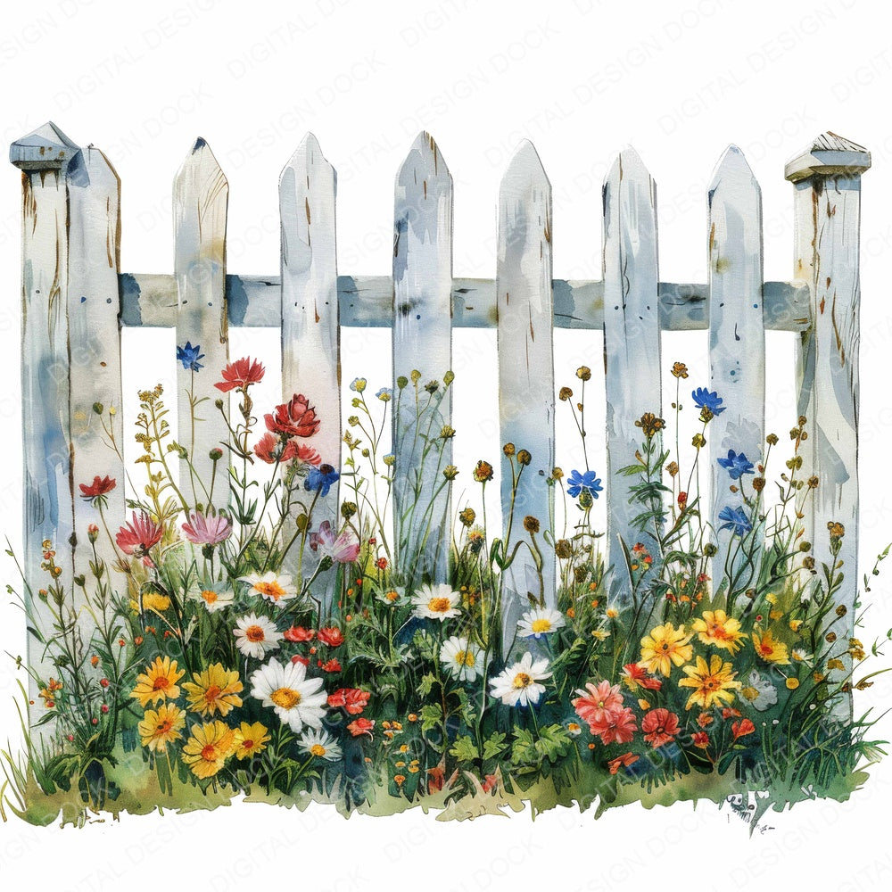 Picket Gate Fence Wildflowers fussy cut sheet in A4 format showing all 12 designs on one printable page
