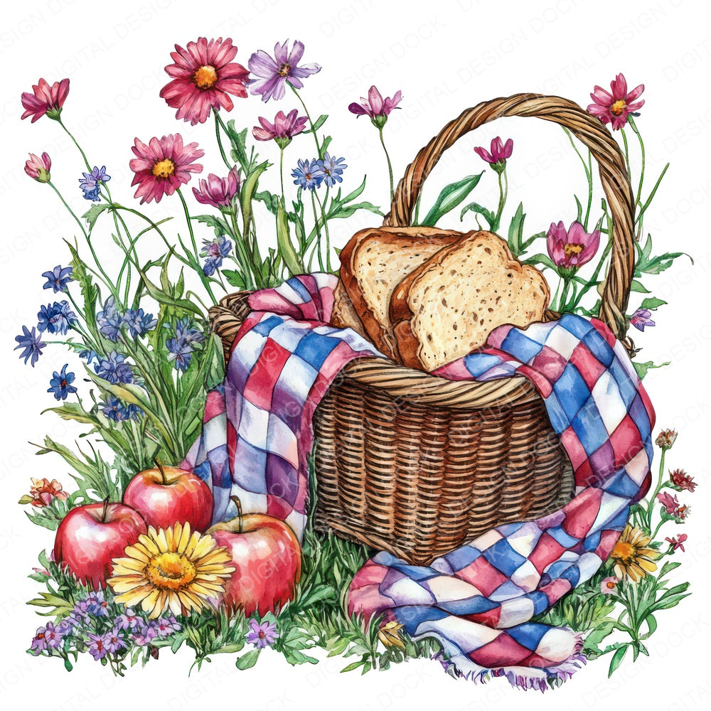 Picnic Basket in Wildflowers fussy cut sheet in US Letter format showing all 12 designs on one printable page