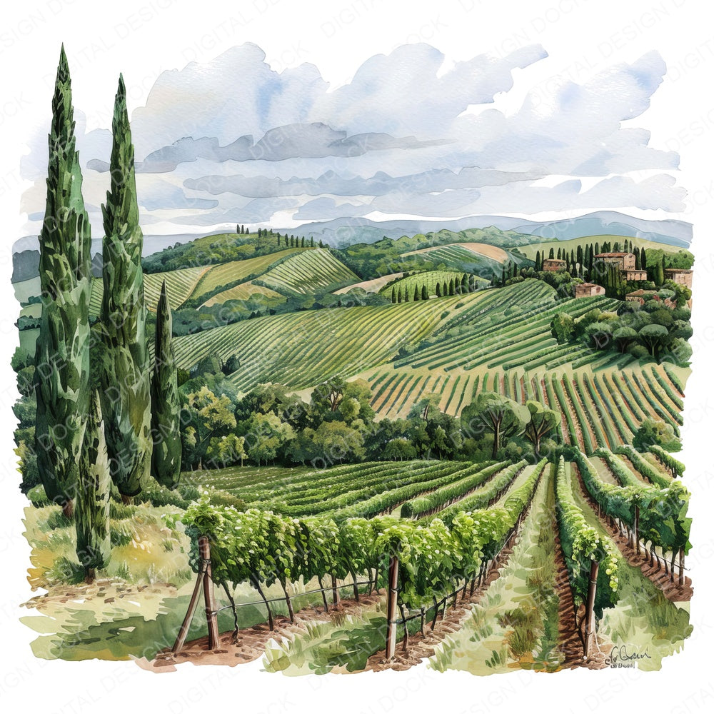 Picturesque Tuscan Vineyard fussy cut sheet in US Letter format showing all 12 designs on one printable page