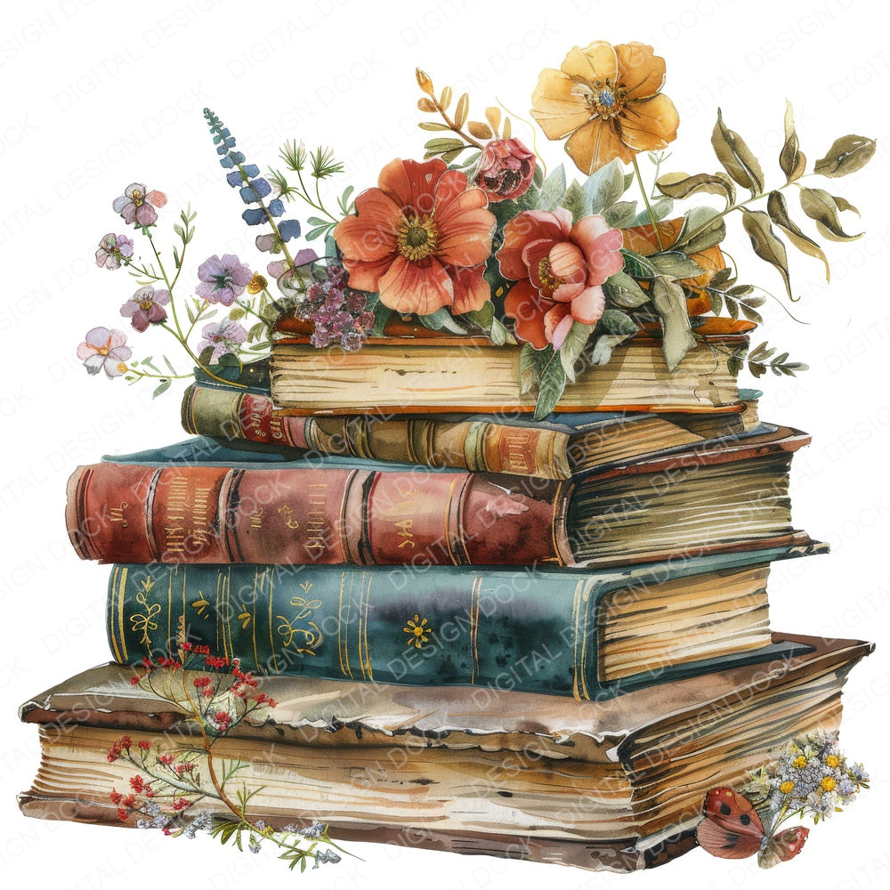 Pile of Vintage Floral Books fussy cut sheet in A4 format showing all 12 designs on one printable page
