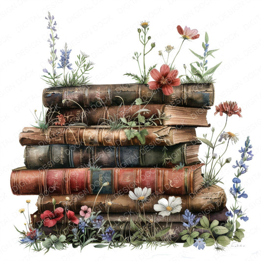 Pile of Vintage Floral Books fussy cut sheet in US Letter format showing all 12 designs on one printable page