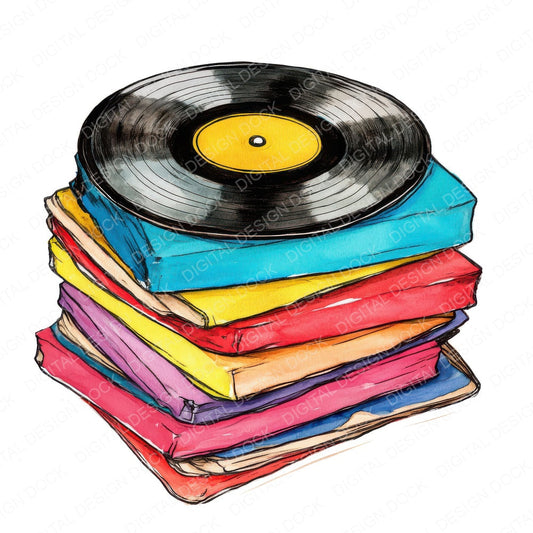 Pile of Vinyl Records fussy cut sheet in A4 format showing all 12 designs on one printable page