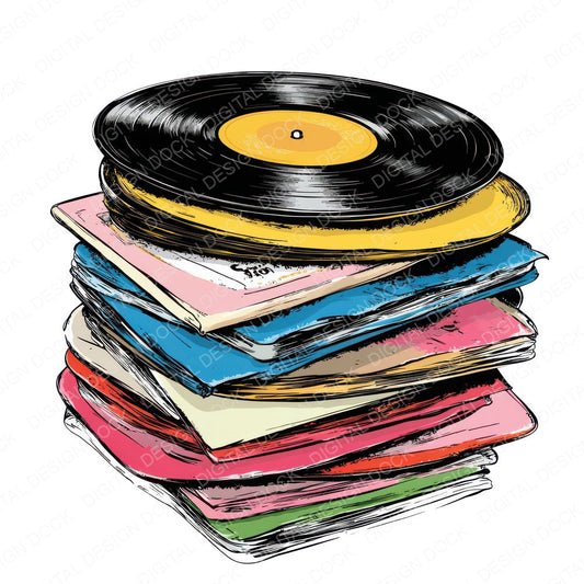 Pile of Vinyl Records fussy cut sheet in US Letter format showing all 12 designs on one printable page