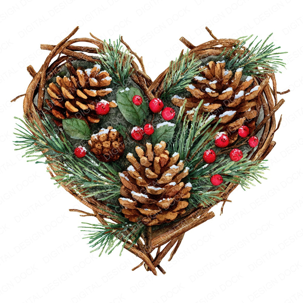 Pine Branch Christmas Heart fussy cut sheet in A4 format showing all 12 designs on one printable page