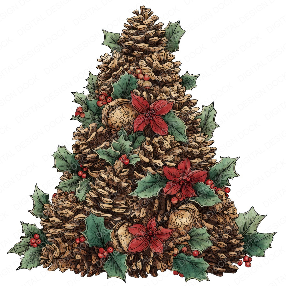 Pinecone Holly Christmas Tree fussy cut sheet in A4 format showing all 12 designs on one printable page