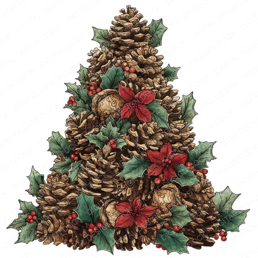 Pinecone Holly Christmas Tree fussy cut sheet in A4 format showing all 12 designs on one printable page