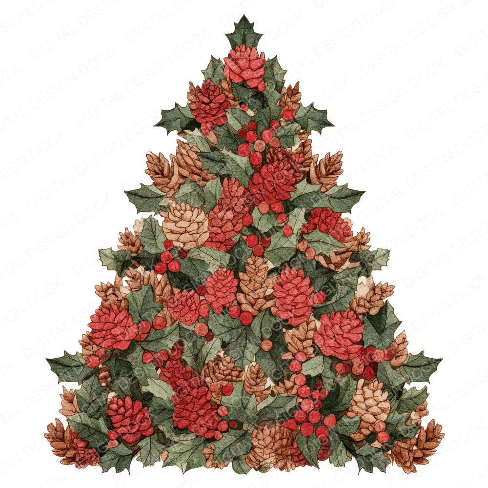 Pinecone Holly Christmas Tree fussy cut sheet in US Letter format showing all 12 designs on one printable page