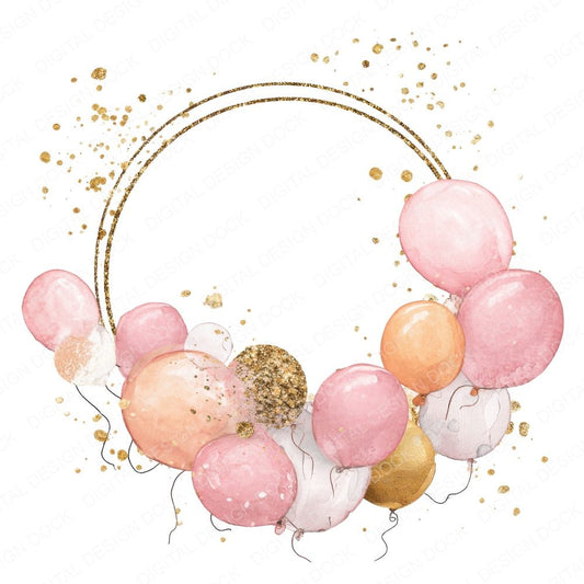 Pink Gold Balloon Circle Frame Clipart Set (DDD006305)