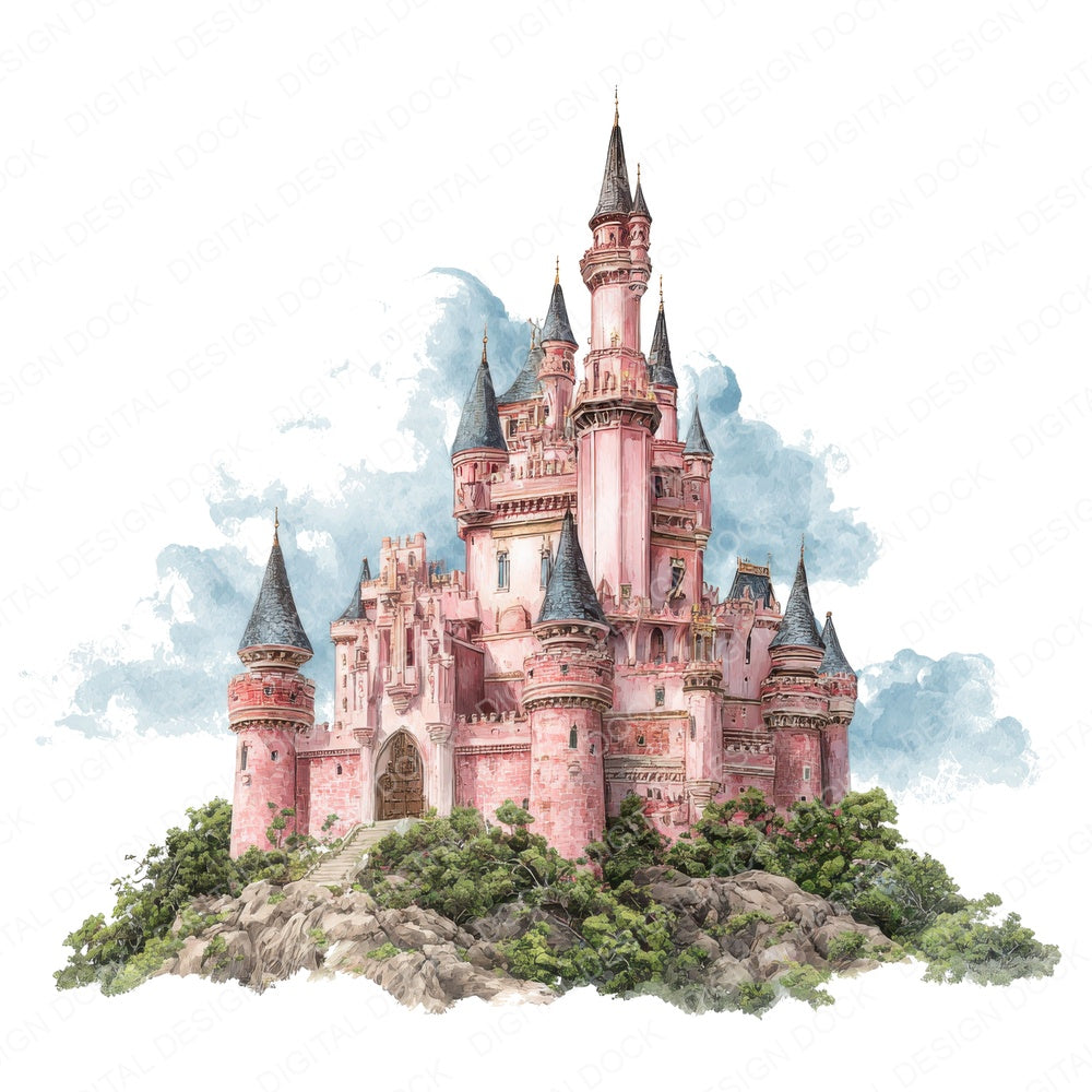 Pink Princess Castle on Hill fussy cut sheet in A4 format showing all 12 designs on one printable page