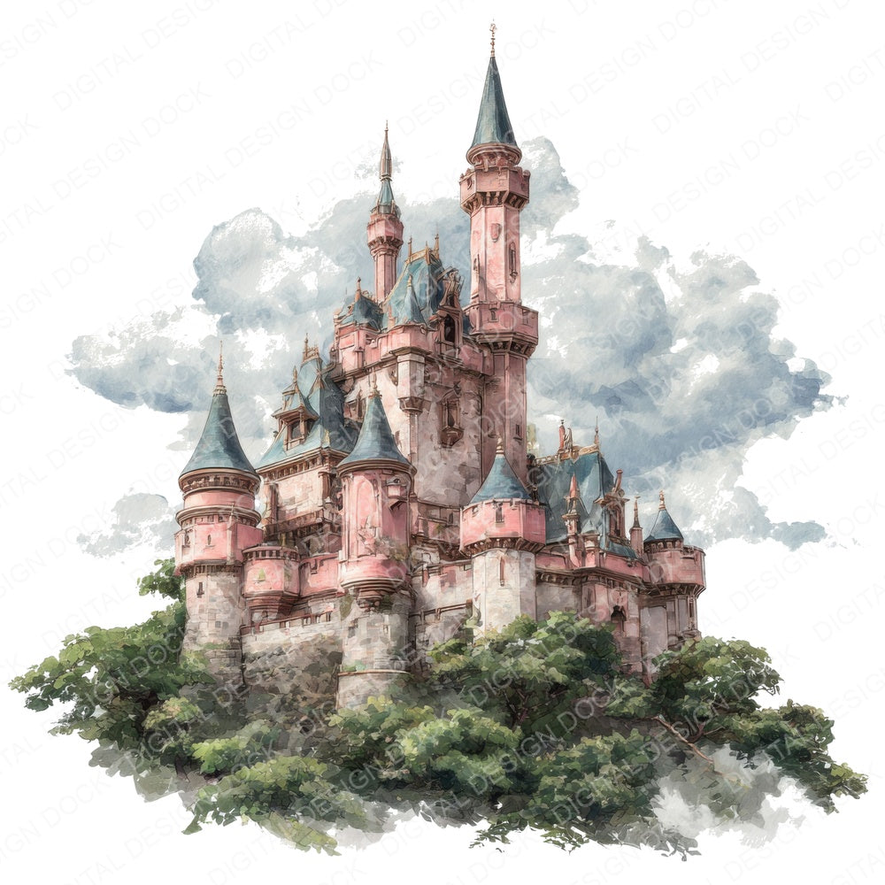 Pink Princess Castle on Hill fussy cut sheet in US Letter format showing all 12 designs on one printable page