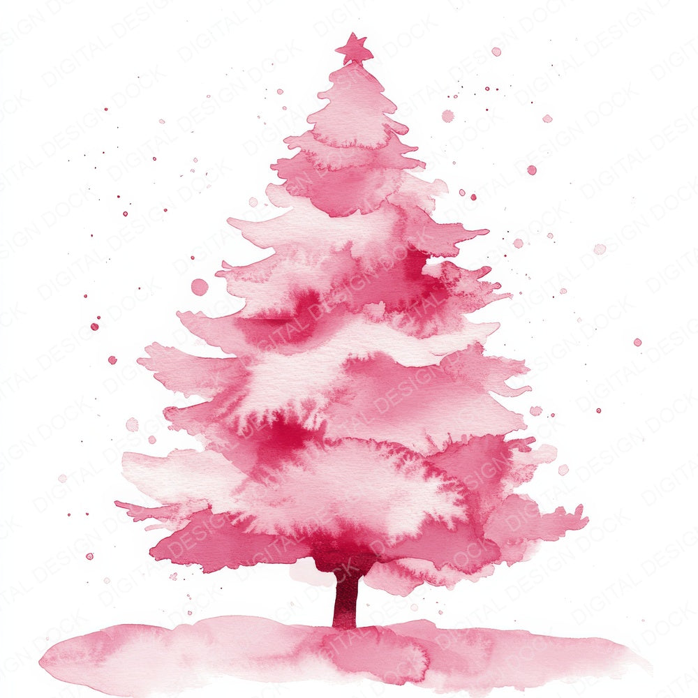 Pink Watercolour Chirstmas Tree fussy cut sheet in A4 format showing all 12 designs on one printable page