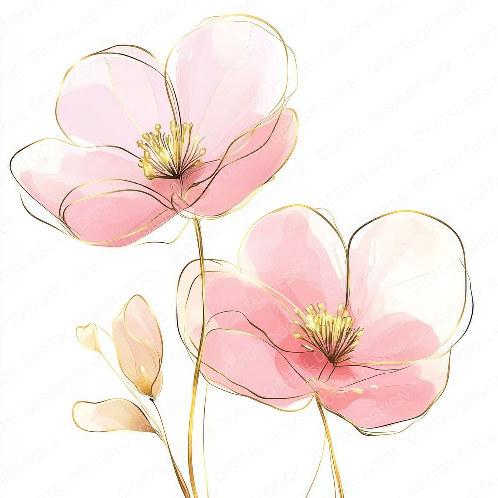 Pink and Gold Abstract Flowers fussy cut sheet in A4 format showing all 12 designs on one printable page