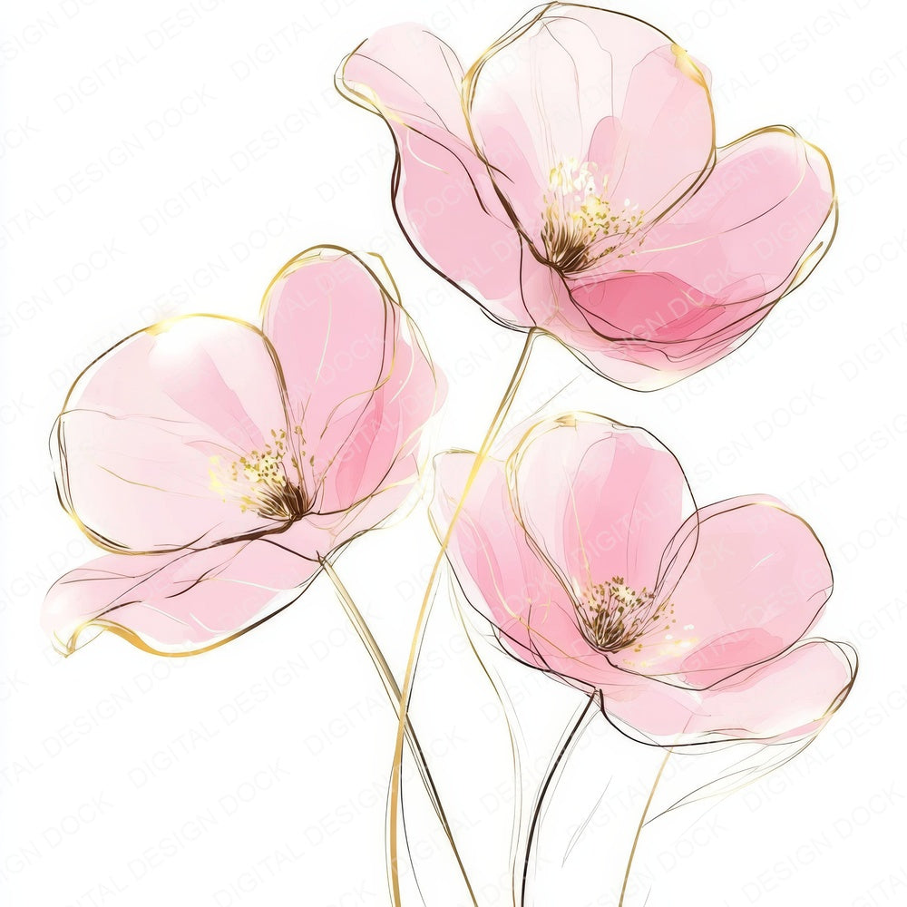 Pink and Gold Abstract Flowers fussy cut sheet in US Letter format showing all 12 designs on one printable page