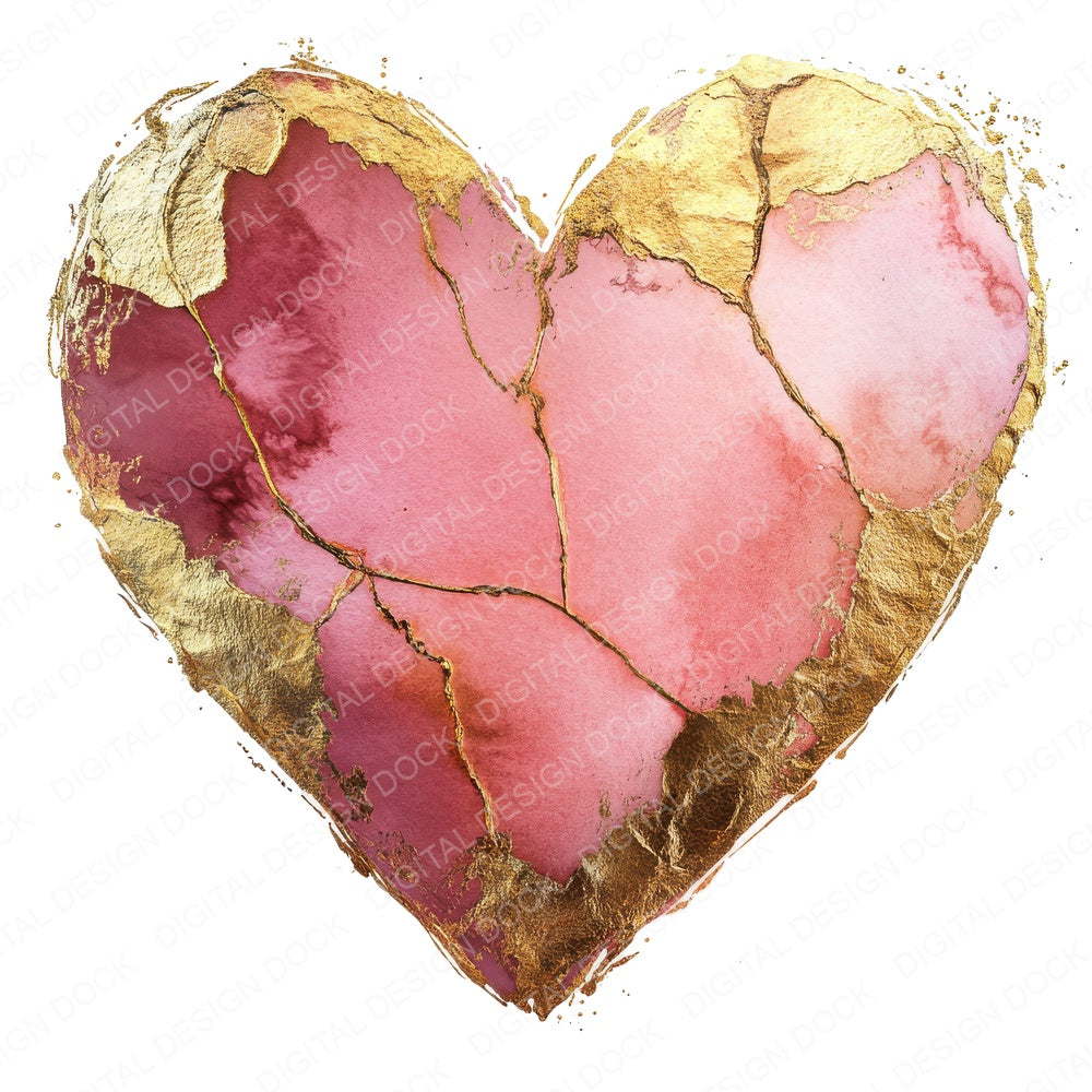 Pink and Gold Watercolour Heart fussy cut sheet in US Letter format showing all 12 designs on one printable page