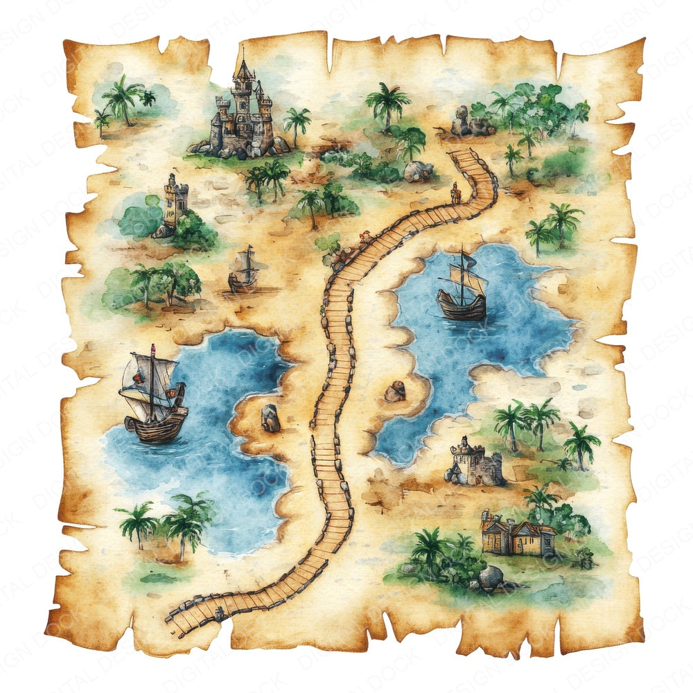 Pirate Treasure Map fussy cut sheet in A4 format showing all 12 designs on one printable page