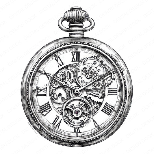 Pocket Watch Drawing fussy cut sheet in A4 format showing all 12 designs on one printable page