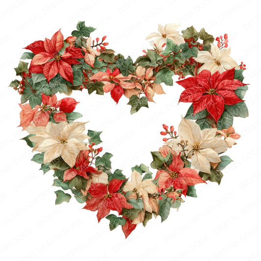 Poinsettia Christmas Heart fussy cut sheet in A4 format showing all 12 designs on one printable page