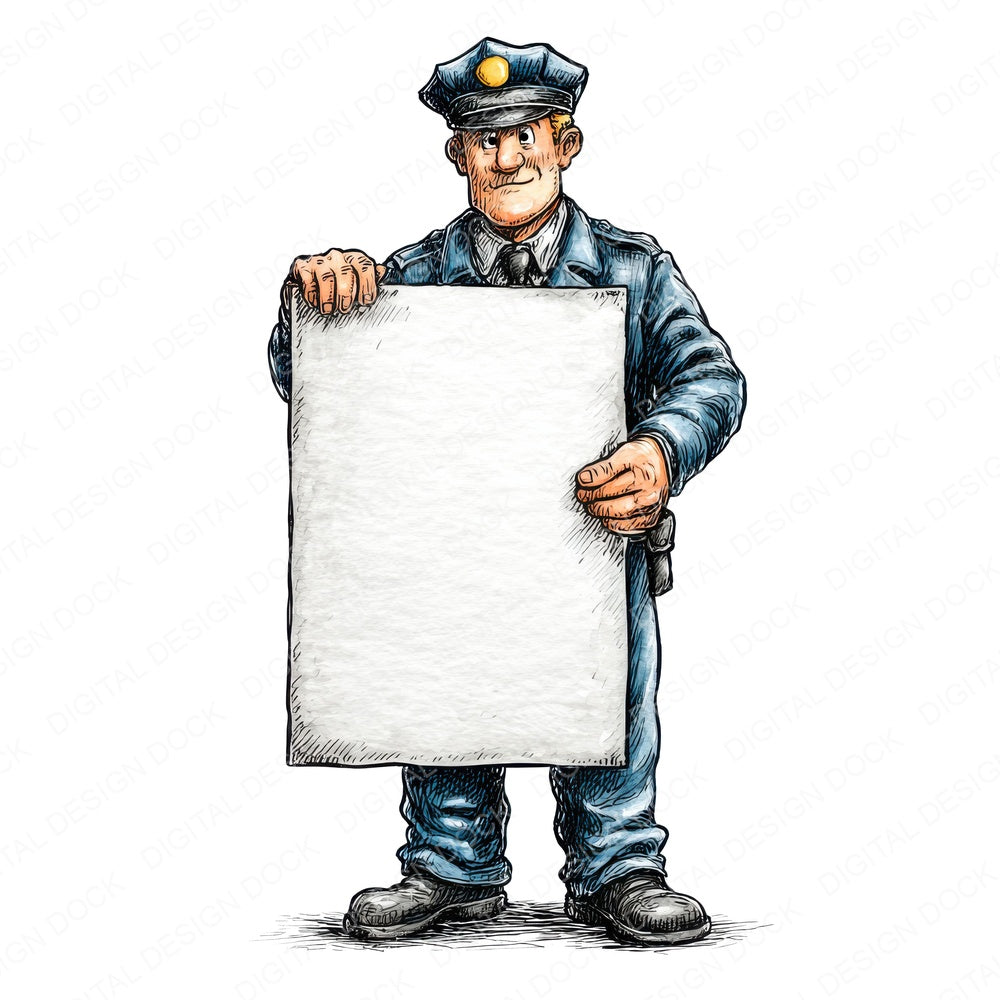 Policeman Holding Blank Banner fussy cut sheet in A4 format showing all 12 designs on one printable page