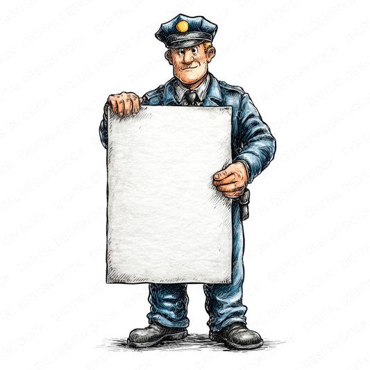 Policeman Holding Blank Banner fussy cut sheet in A4 format showing all 12 designs on one printable page