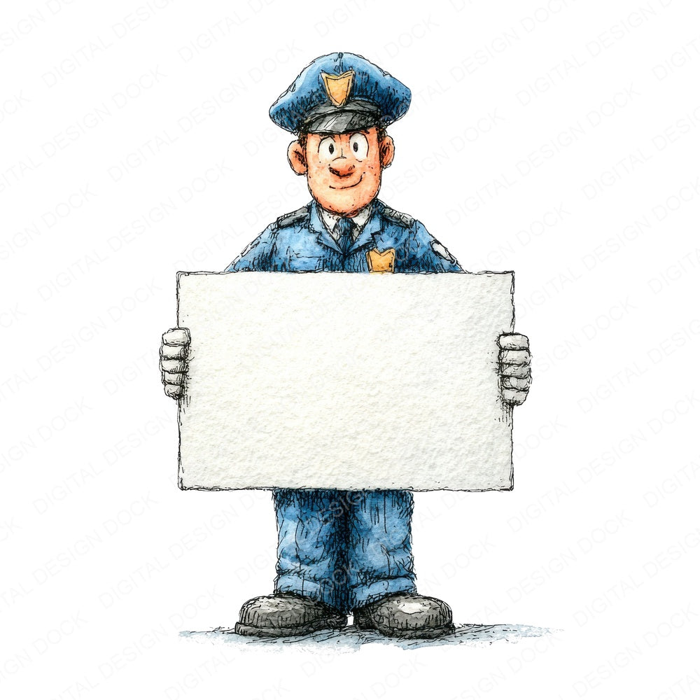 Policeman Holding Blank Banner fussy cut sheet in US Letter format showing all 12 designs on one printable page