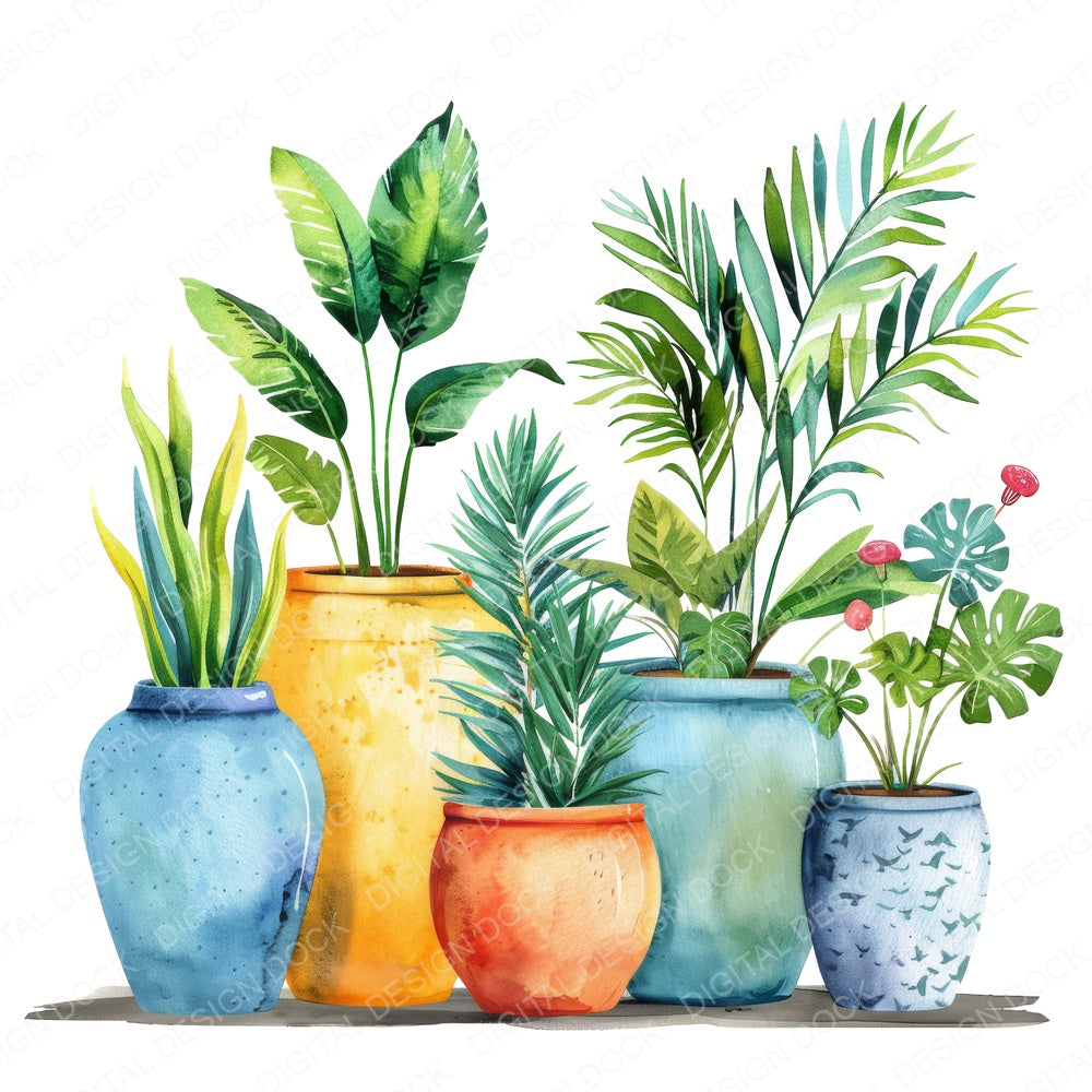Potted Colourful Tropical Plants fussy cut sheet in A4 format showing all 12 designs on one printable page