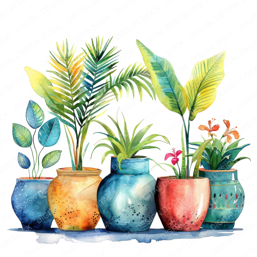 Potted Colourful Tropical Plants fussy cut sheet in US Letter format showing all 12 designs on one printable page