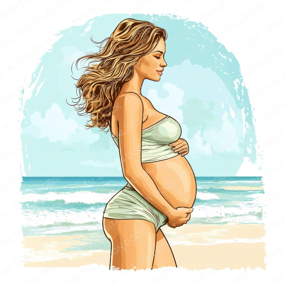 Pregnant Woman on Beach fussy cut sheet in A4 format showing all 12 designs on one printable page