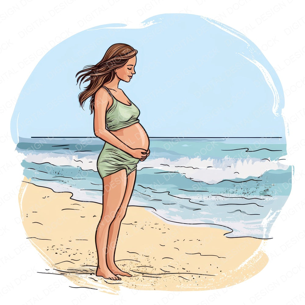 Pregnant Woman on Beach fussy cut sheet in US Letter format showing all 12 designs on one printable page
