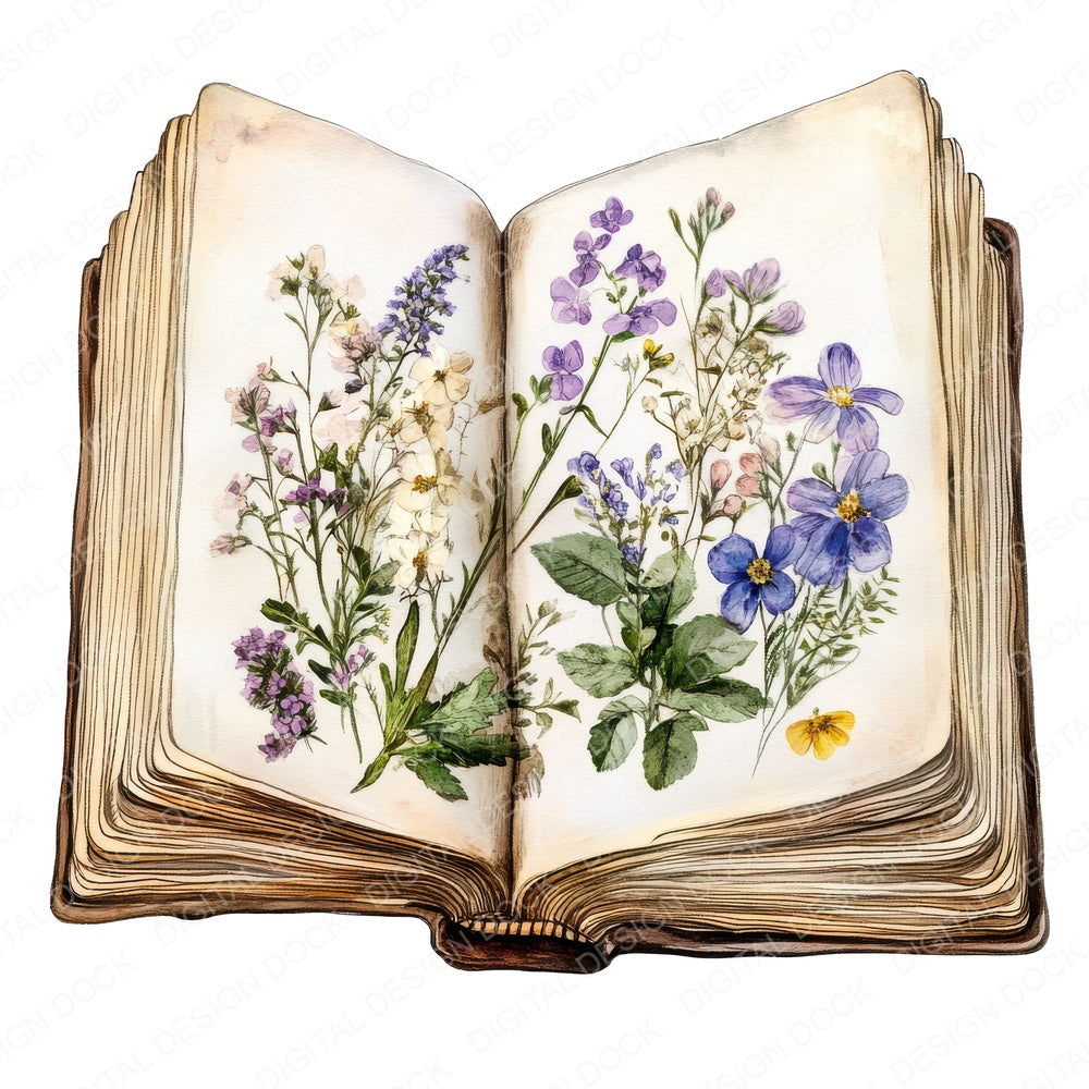 Pressed Flowers in Book fussy cut sheet in A4 format showing all 12 designs on one printable page