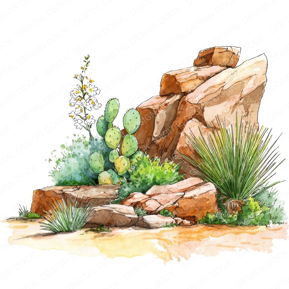 Prickly Pear Desert Rockery Clipart Set (DDD006359)